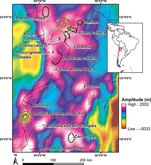 Overview map of the Central Andes showing some of the modern surface displacement anomalies (black highlighted with yellow contours), caldera locations (black hatched lines), and long-wavelength topography over a hillshade of the region. High-amplitude, long-wavelength anomalies tend to occur either at caldera locations or large volcanic complexes within the Central Andes. The uplift at Lastarria-Cordon del Azufre (“Lazufre”) coincides with a long-wavelength dome; however, the uplift at Uturuncu appears at a relative low (Fig. 2).