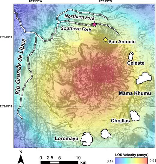 Overview map of the Uturuncu study area. Interferometric synthetic aperture radar (InSAR) surface displacement rates are shown in color beneath a slope map created with our photogrammetry-derived digital elevation model (DEM) (InSAR data from Henderson and Pritchard, 2013). Prominent Pleistocene lakes are shown in white, as are tributaries of the Rio Grande de Lipez. The pink star denotes the location of a knickpoint within the alluviated reach of the “Southern Fork,” which spatially coincides with a change in planform orientation of the river as it arcs around the adjacent, older Cerro San Antonio.