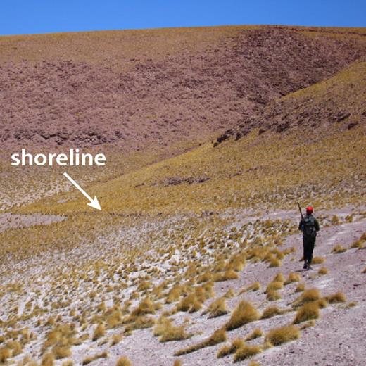 Photograph looking to the east along the southern shore of Laguna Mama Khumu (photograph taken October 2011). To survey shoreline elevations at Mama Khumu, we walked along them with a kinematic differential GPS receiver mounted on a pole in a backpack. Though in this image the pole is slightly askew, vertical uncertainties in elevation are on the order of 50 cm with this method.