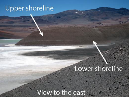 Photograph from the southern shoreline of Laguna de la Azufrera at Lazufre (taken November 2013). Two predominant strandlines are visible here along the walls of the salar and occur frequently along the basin margins.