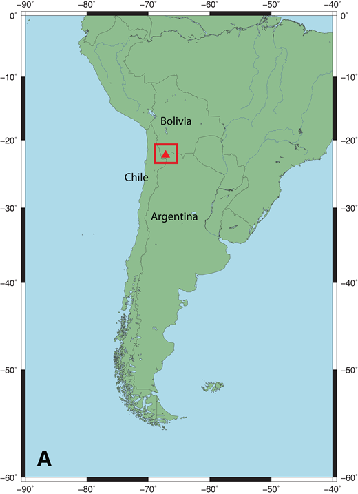 (A) Map of South America showing the location of Uturuncu volcano (red triangle) in the southwest corner of Bolivia. Approximate study area is provided by red box. (B) Map showing station locations at Uturuncu volcano. Uturuncu is depicted as a red triangle in the center of the map. Labeled black stars show locations of seismic stations. Digital elevation model was downloaded from the GMTSAR Web site (topex.ucsd.edu/gmtsar/demgen/). (C) Map of event locations (red dots) used in this study. Eckert VI projection was used.