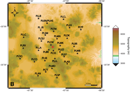 (A) Map of South America showing the location of Uturuncu volcano (red triangle) in the southwest corner of Bolivia. Approximate study area is provided by red box. (B) Map showing station locations at Uturuncu volcano. Uturuncu is depicted as a red triangle in the center of the map. Labeled black stars show locations of seismic stations. Digital elevation model was downloaded from the GMTSAR Web site (topex.ucsd.edu/gmtsar/demgen/). (C) Map of event locations (red dots) used in this study. Eckert VI projection was used.