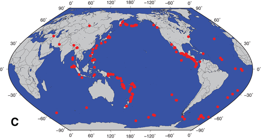 (A) Map of South America showing the location of Uturuncu volcano (red triangle) in the southwest corner of Bolivia. Approximate study area is provided by red box. (B) Map showing station locations at Uturuncu volcano. Uturuncu is depicted as a red triangle in the center of the map. Labeled black stars show locations of seismic stations. Digital elevation model was downloaded from the GMTSAR Web site (topex.ucsd.edu/gmtsar/demgen/). (C) Map of event locations (red dots) used in this study. Eckert VI projection was used.