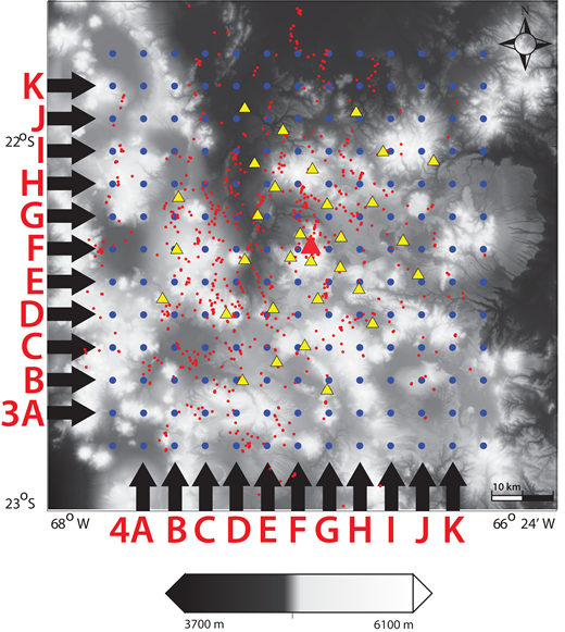 Model grid used by the common conversion point (CCP) stacking program. Blue dots are the grid point locations with a spacing of 10 km. Red triangle in center is location of Uturuncu volcano. Red dots are piercing points for each incident ray at 60 km depth below mean sea level. Yellow triangles are station locations and correspond to Figure 1B. Digital elevation model (DEM) is in gray scale and was downloaded from the GMTSAR Web site (topex.ucsd.edu/gmtsar/demgen/). Scale bar is for DEM. Cross sections start at the lower left corner of the grid (the point (0,0)). These E-W cross sections start at the bottom of the grid with the letter and/or arrow combination A and move northward to K (letter/arrow combinations correspond to Figs. 3A–3K). The N-S cross sections are labeled in a similar way and correspond to Figures 4A–4K.