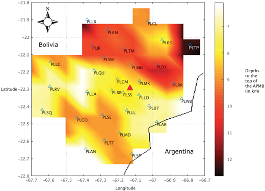 Contour plot showing the depth to the top of the low-velocity zone of the Altiplano-Puna magma body (APMB). Color bar shows depth from sea level (in km). Dark red is deeper; yellow is shallow. Triangles are station locations, with station names. Red triangle in center is location of Uturuncu volcano.