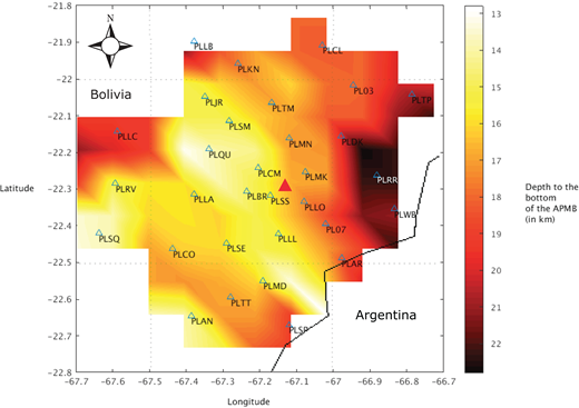 Contour plot showing the depth to the bottom of the low-velocity zone of the Altiplano-Puna magma body (APMB), similar to Figure 5.