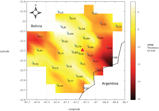 Contour plot showing the thickness of the low-velocity zone of the Altiplano-Puna magma body (APMB) (in km), similar to Figures 5 and 6.