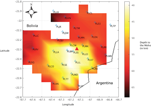 Contour plot showing the depth to the Moho, similar to Figures 5, 6, and 7.