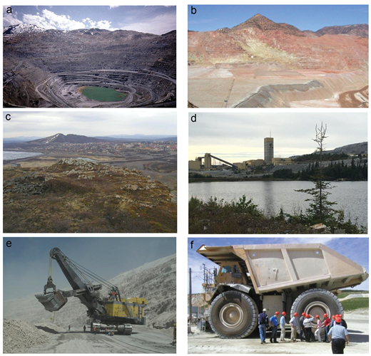 Pictures of mines and mining equipment. (a) Bingham Canyon open pit mine exploiting a porphyry Cu-Mo-Au deposit. (b) Morenci open pit mine exploiting a supergene and hypogene porphyry Cu deposit. (c) Kiruna Fe mine – historical open pits now replaced by bulk underground mining. (d) Hemlo underground Au mine. (e) Typical large shovel operating in an open pit. (f) Large haul trucks (200–300 tonnes capacity) typical of major open pit mines.