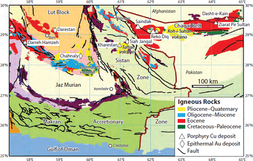 geologic map of southeastern iran showing the locations of mesozoic and cenozoic igneous rocks of